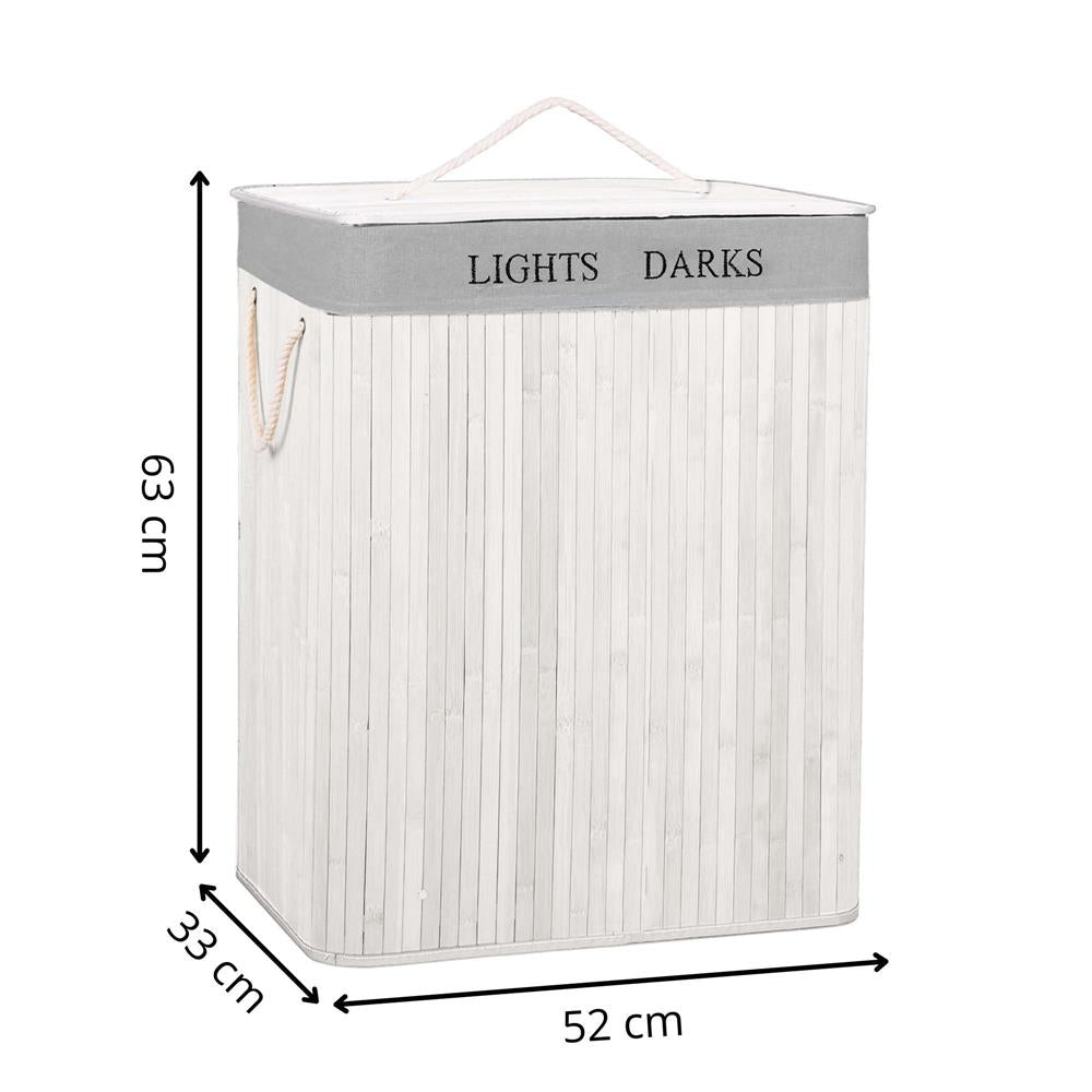 Cos pentru rufe din bambus, pliabil, cu 2 compartimente, volum 105 L, 63x52x33 cm, alb si gri