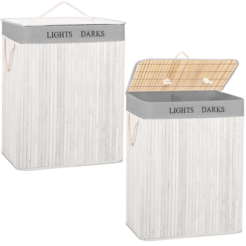 Cos pentru rufe din bambus, pliabil, cu 2 compartimente, volum 105 L, 63x52x33 cm, alb si gri