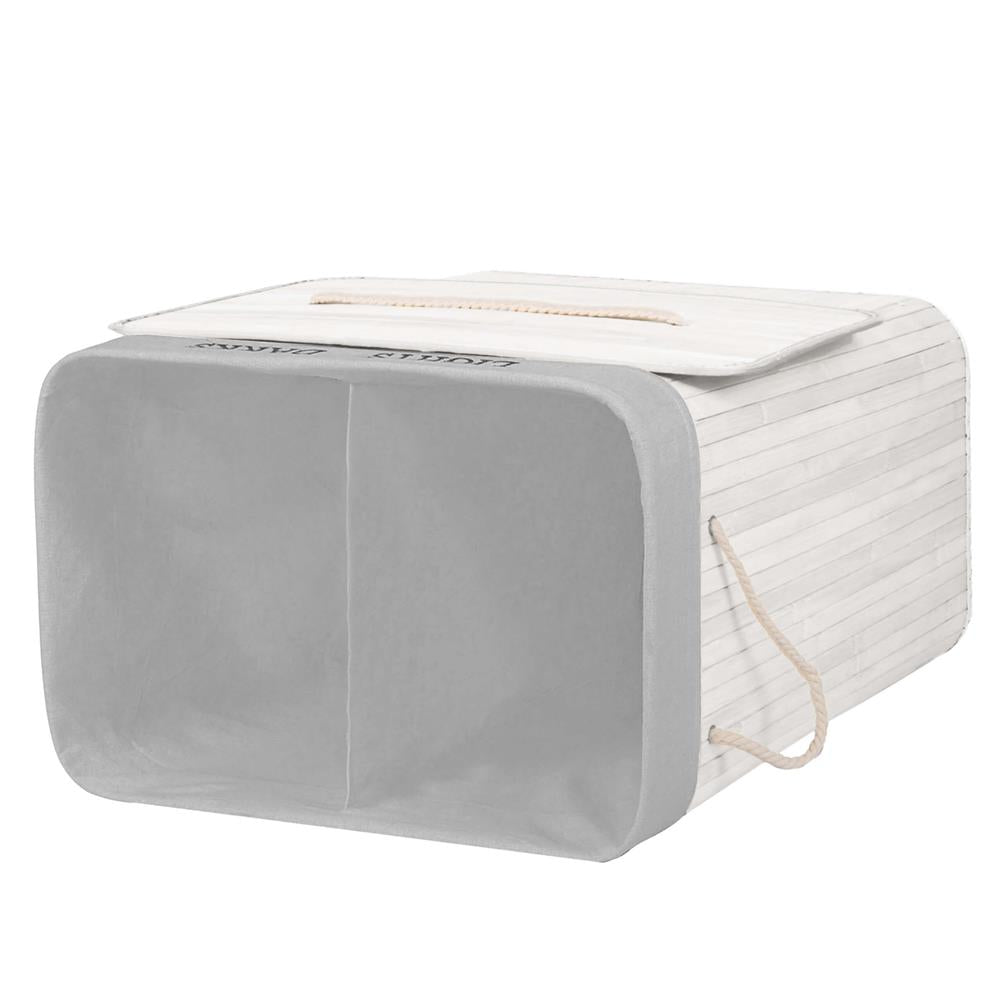 Cos pentru rufe din bambus, pliabil, cu 2 compartimente, volum 105 L, 63x52x33 cm, alb si gri