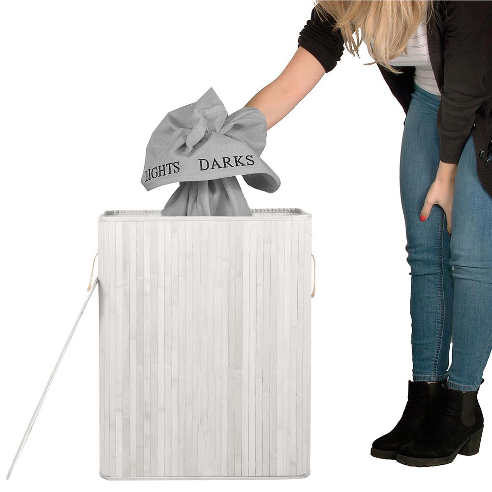 Cos pentru rufe din bambus, pliabil, cu 2 compartimente, volum 105 L, 63x52x33 cm, alb si gri