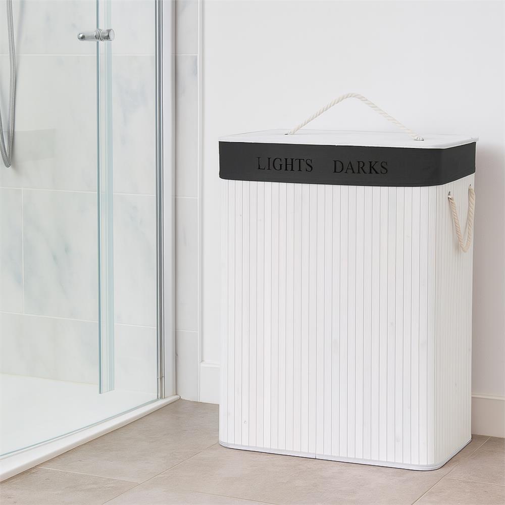 Cos pentru rufe din bambus, pliabil, cu 2 compartimente, volum 105 L, 63x52x33 cm, alb si gri inchis