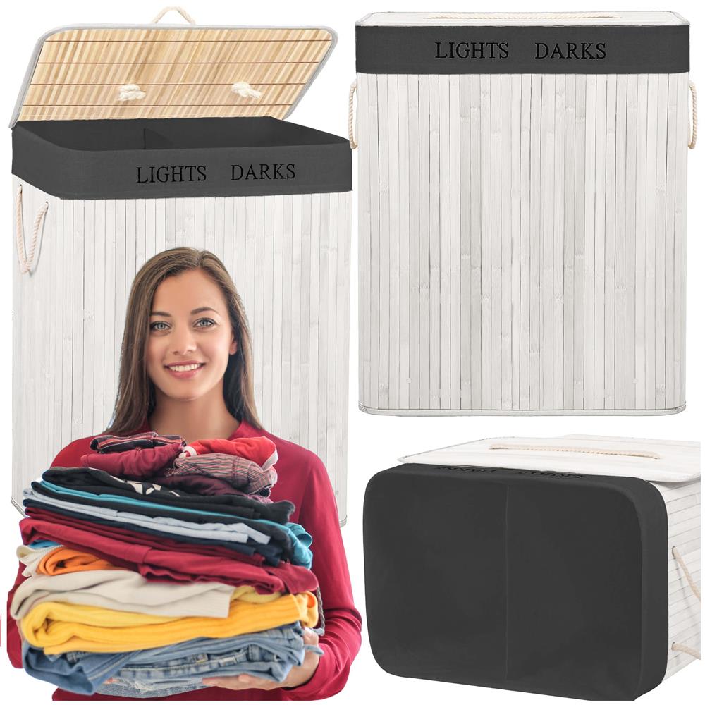 Cos pentru rufe din bambus, pliabil, cu 2 compartimente, volum 105 L, 63x52x33 cm, alb si gri inchis