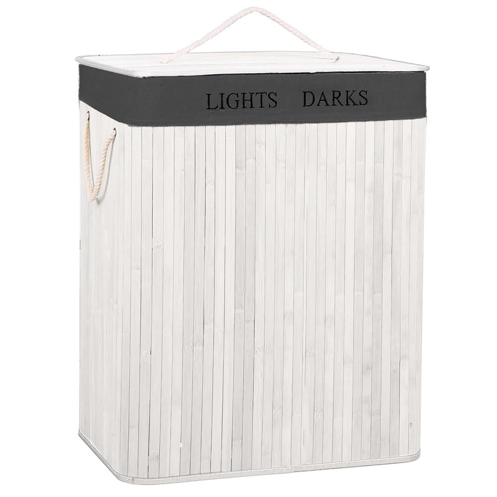 Cos pentru rufe din bambus, pliabil, cu 2 compartimente, volum 105 L, 63x52x33 cm, alb si gri inchis