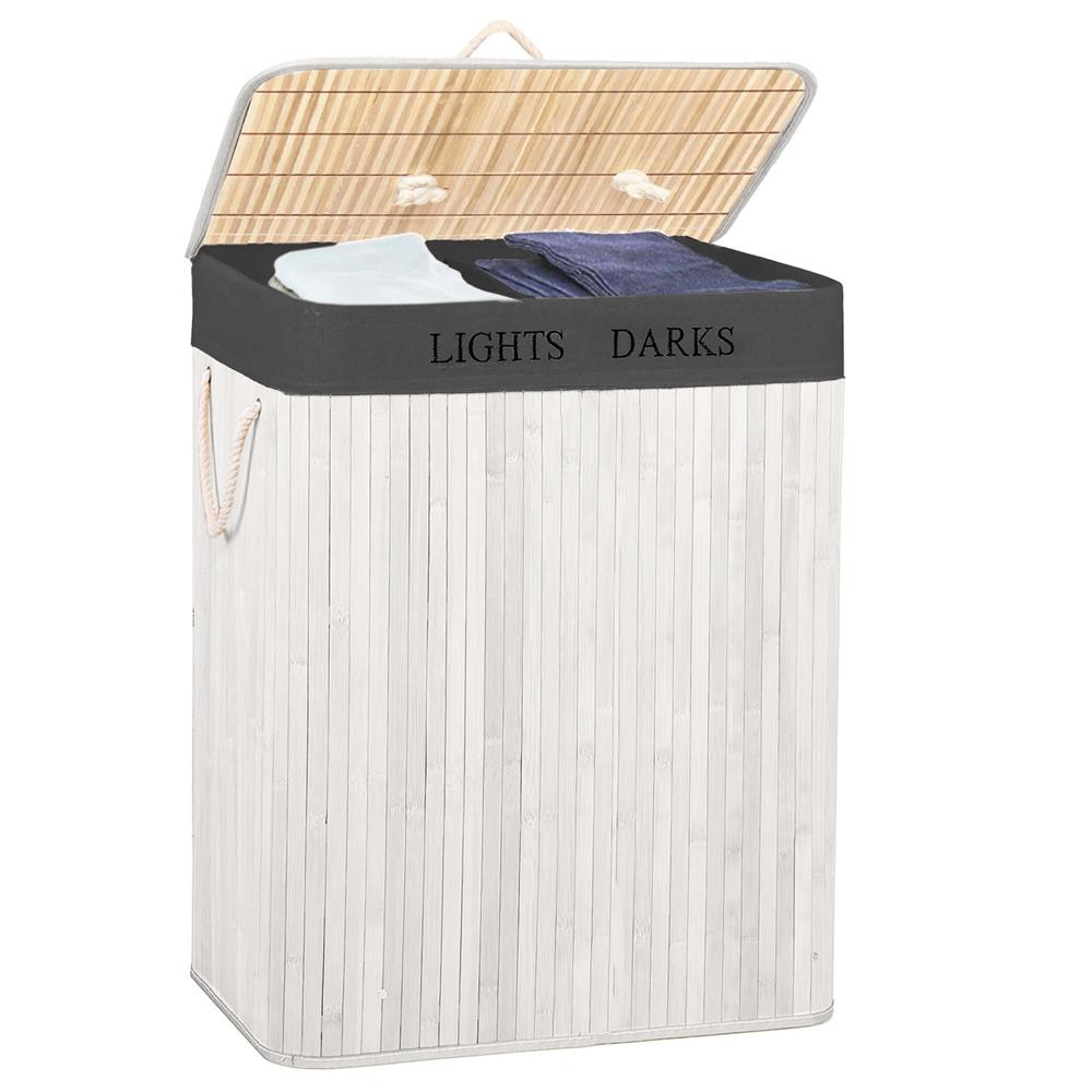 Cos pentru rufe din bambus, pliabil, cu 2 compartimente, volum 105 L, 63x52x33 cm, alb si gri inchis
