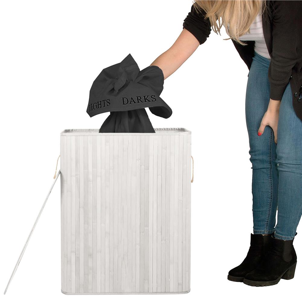 Cos pentru rufe din bambus, pliabil, cu 2 compartimente, volum 105 L, 63x52x33 cm, alb si gri inchis