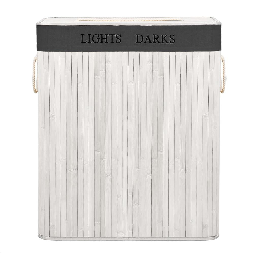 Cos pentru rufe din bambus, pliabil, cu 2 compartimente, volum 105 L, 63x52x33 cm, alb si gri inchis