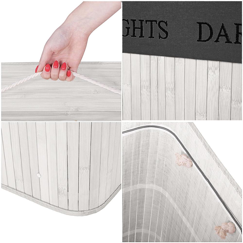 Cos pentru rufe din bambus, pliabil, cu 2 compartimente, volum 105 L, 63x52x33 cm, alb si gri inchis