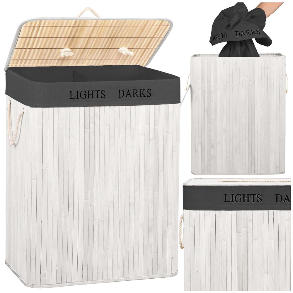 Cos pentru rufe din bambus, pliabil, cu 2 compartimente, volum 105 L, 63x52x33 cm, alb si gri inchis