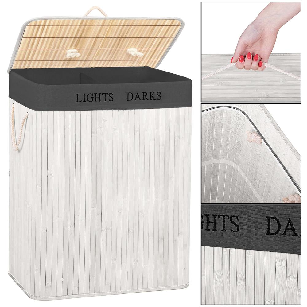 Cos pentru rufe din bambus, pliabil, cu 2 compartimente, volum 105 L, 63x52x33 cm, alb si gri inchis