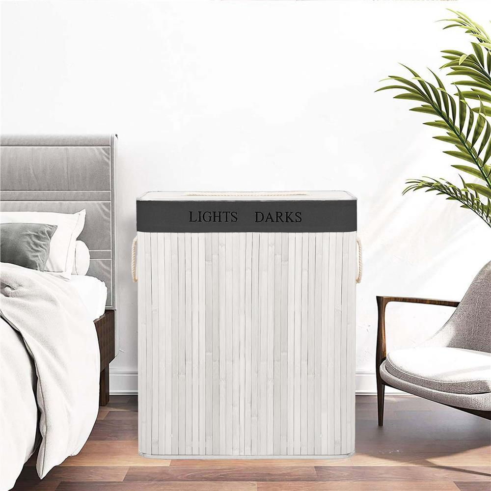 Cos pentru rufe din bambus, pliabil, cu 2 compartimente, volum 105 L, 63x52x33 cm, alb si gri inchis