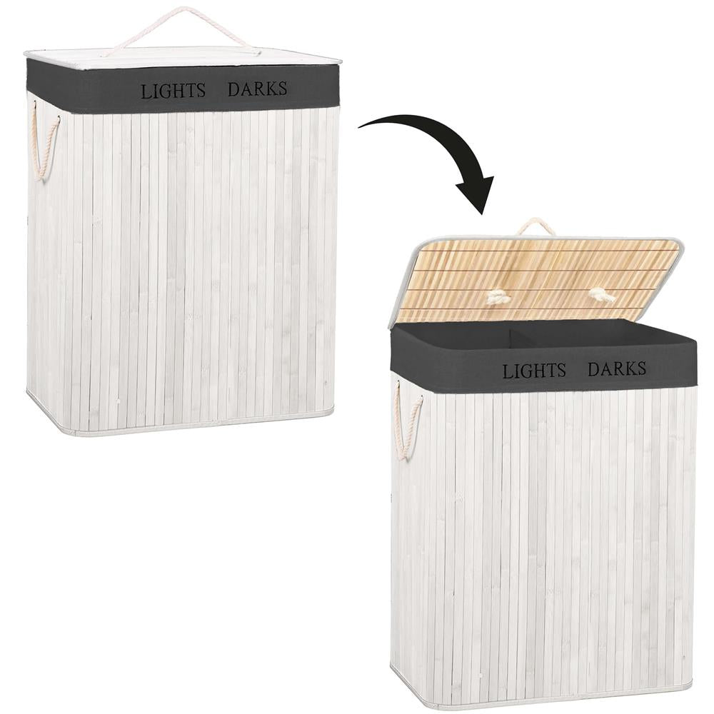 Cos pentru rufe din bambus, pliabil, cu 2 compartimente, volum 105 L, 63x52x33 cm, alb si gri inchis