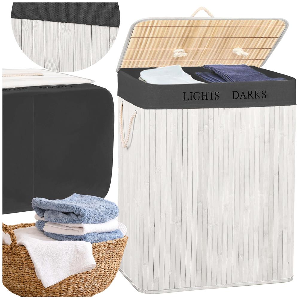 Cos pentru rufe din bambus, pliabil, cu 2 compartimente, volum 105 L, 63x52x33 cm, alb si gri inchis
