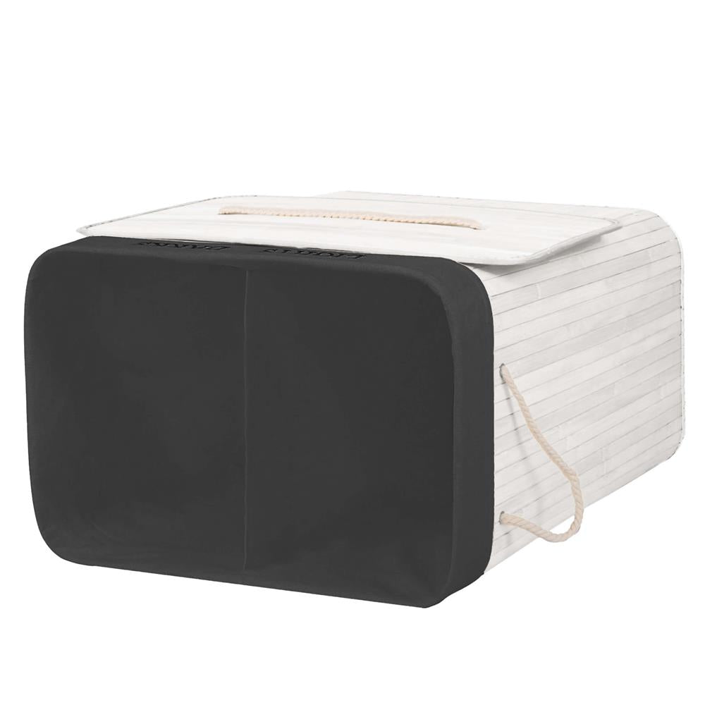 Cos pentru rufe din bambus, pliabil, cu 2 compartimente, volum 105 L, 63x52x33 cm, alb si gri inchis