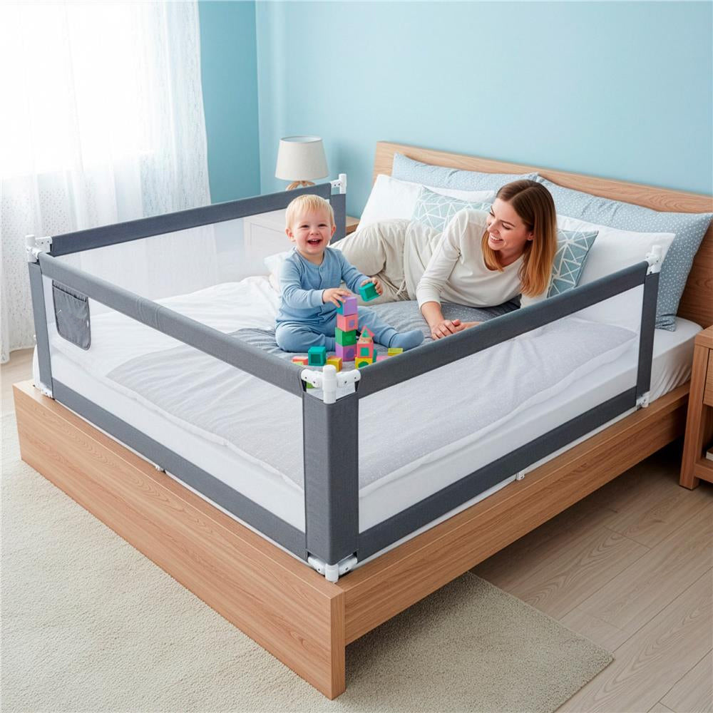 Bariera de siguranta pentru pat, protectie copii, 158 cm, reglabila pe inaltime 75-95 cm, gri