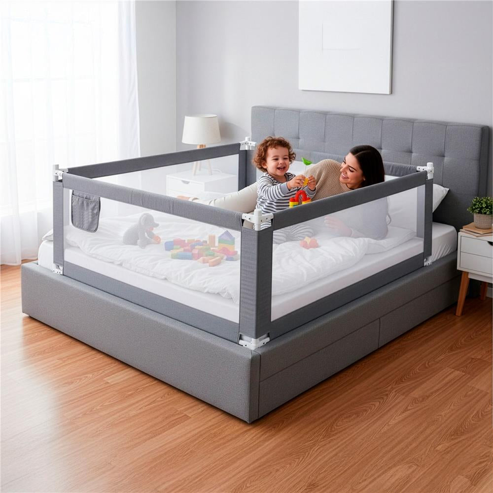 Bariera de siguranta pentru pat, protectie copii, 158 cm, reglabila pe inaltime 75-95 cm, gri