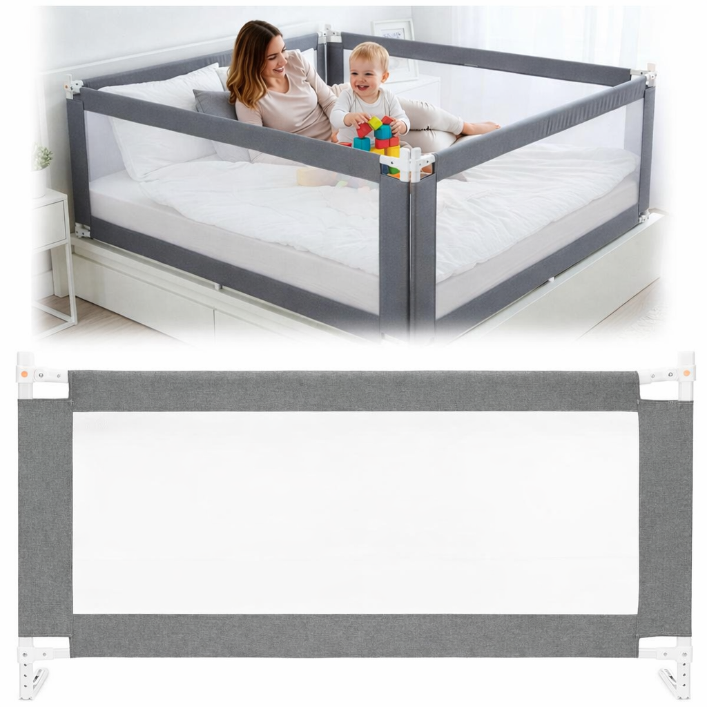 Bariera de siguranta pentru pat, protectie copii, 158 cm, reglabila pe inaltime 75-95 cm, gri