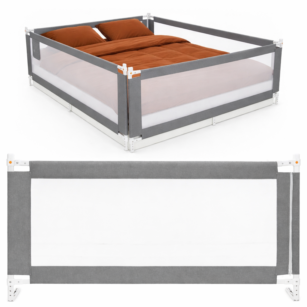 Bariera de siguranta pentru pat, protectie copii, 158 cm, reglabila pe inaltime 75-95 cm, gri