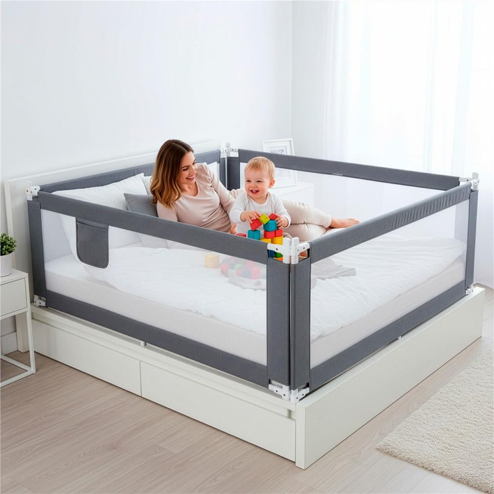 Bariera de siguranta pentru pat, protectie copii, 158 cm, reglabila pe inaltime 75-95 cm, gri
