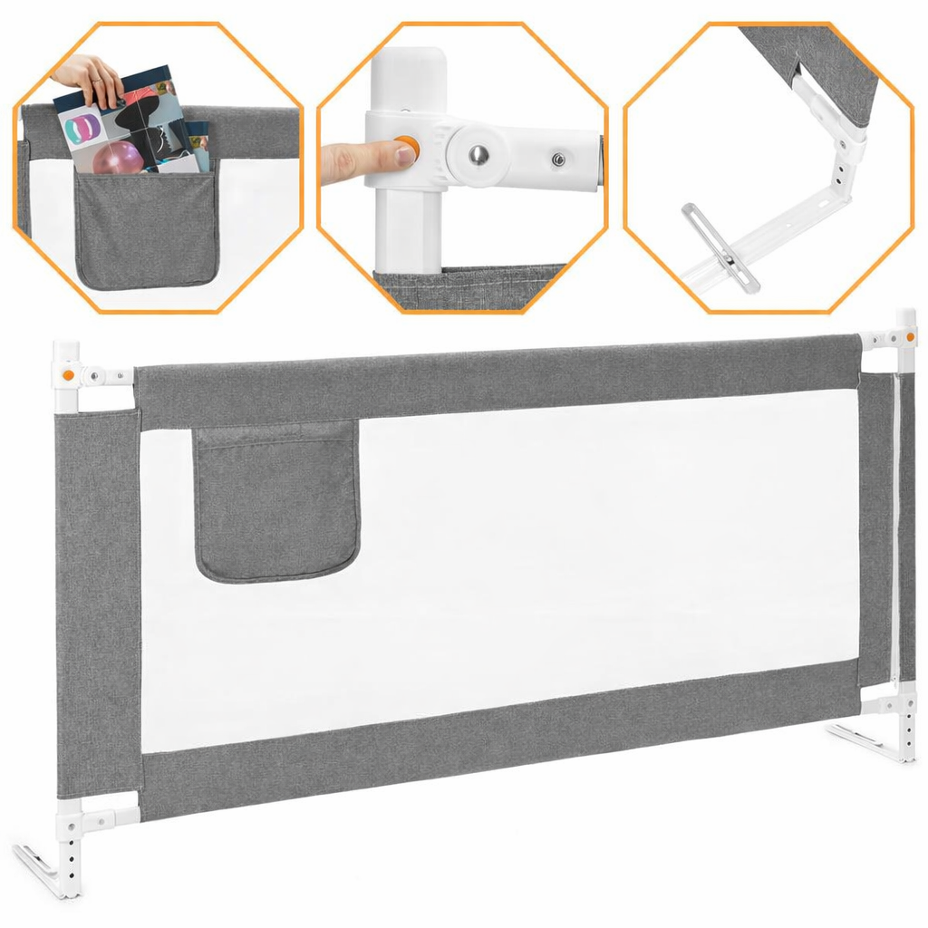 Bariera de siguranta pentru pat, protectie copii, 158 cm, reglabila pe inaltime 75-95 cm, gri