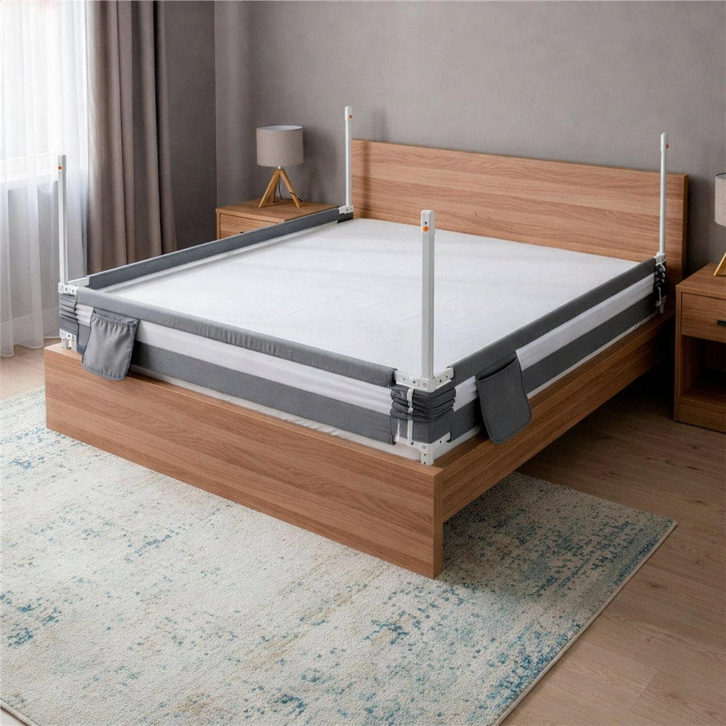 Bariera de siguranta pentru pat, protectie copii, 158 cm, reglabila pe inaltime 75-95 cm, gri