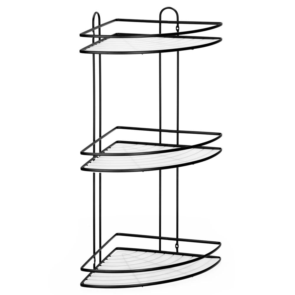 Etajera de colt pentru dus, cu 3 polite, montaj pe perete, inox, 25x25x59 cm, negru