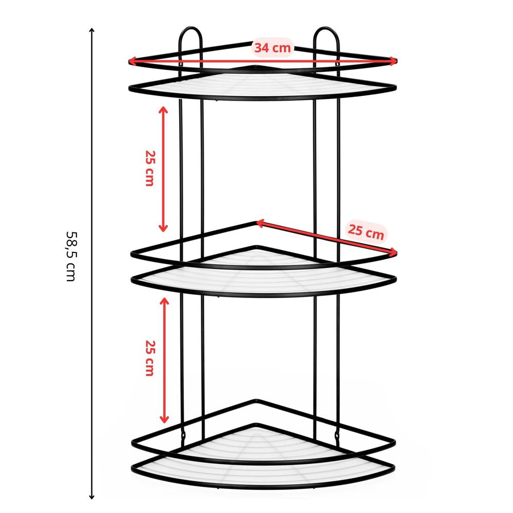 Etajera de colt pentru dus, cu 3 polite, montaj pe perete, inox, 25x25x59 cm, negru
