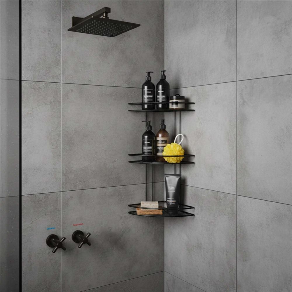 Etajera de colt pentru dus, cu 3 polite, montaj pe perete, inox, 25x25x59 cm, negru