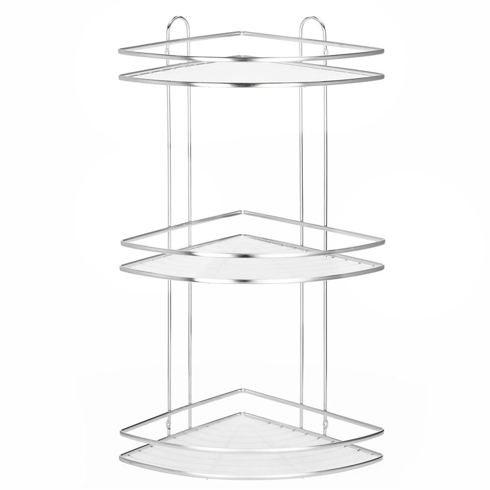 Etajera de colt pentru dus, cu 3 polite, montaj pe perete, inox, 25x25x59 cm, argintiu
