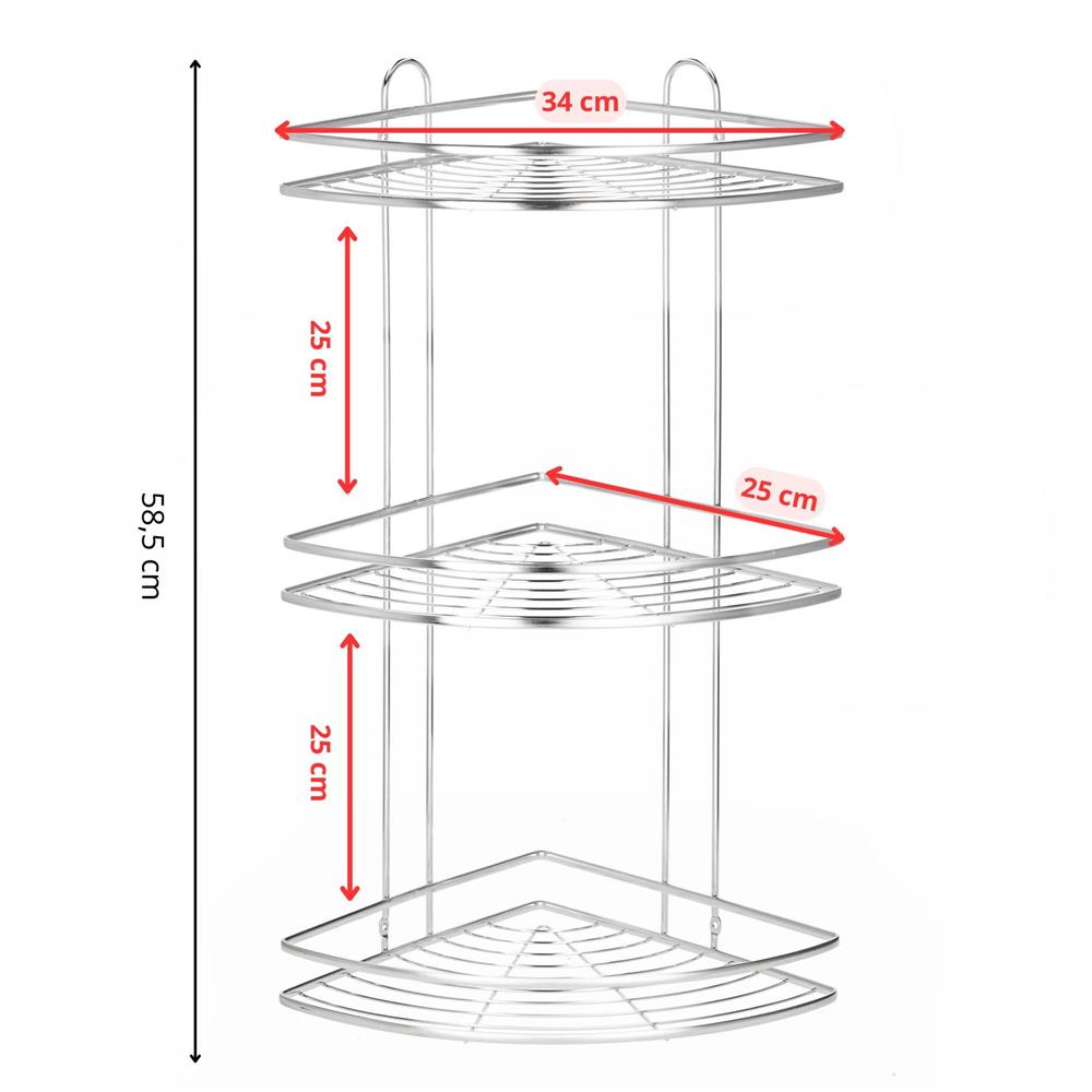 Etajera de colt pentru dus, cu 3 polite, montaj pe perete, inox, 25x25x59 cm, argintiu