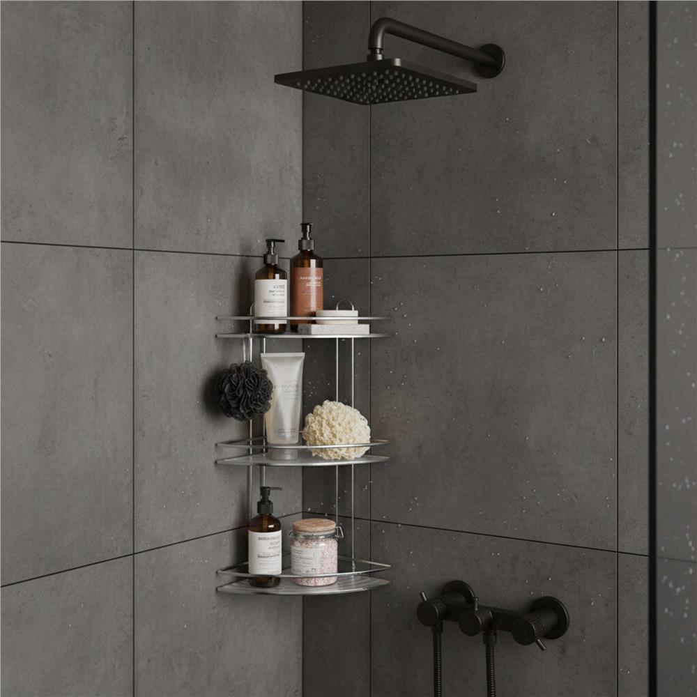 Etajera de colt pentru dus, cu 3 polite, montaj pe perete, inox, 25x25x59 cm, argintiu