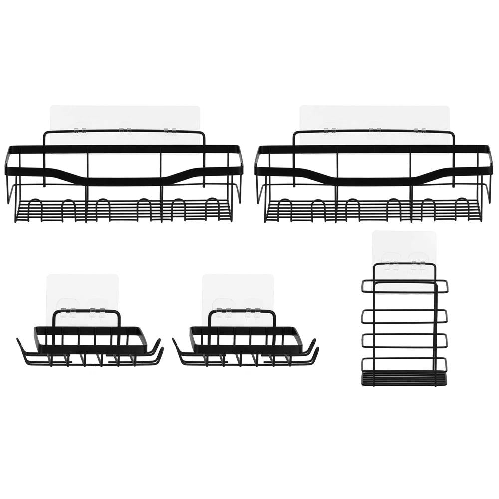 Set 5 polite metalice pentru dus cu montaj autoadeziv, inox, negru mat