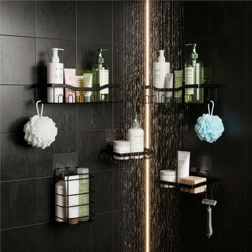 Set 5 polite metalice pentru dus cu montaj autoadeziv, inox, negru mat