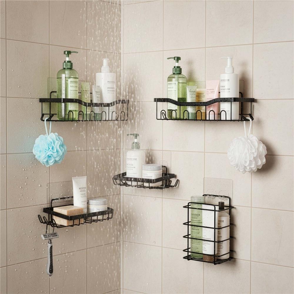 Set 5 polite metalice pentru dus cu montaj autoadeziv, inox, negru mat