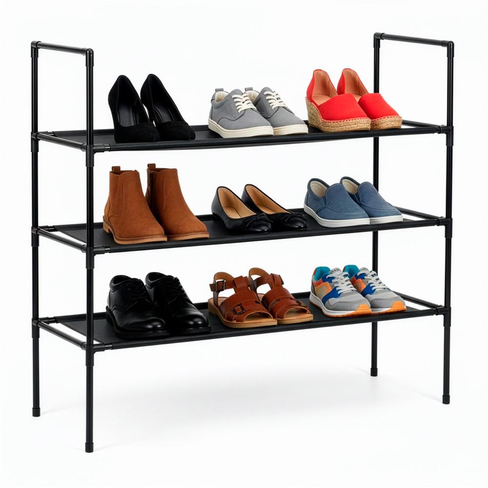 Raft pantofi cu 3 polite, structura metalica si rafturi textile, 72x28x70 cm, negru