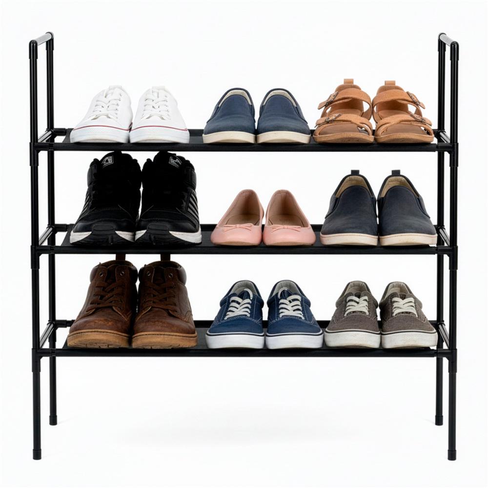 Raft pantofi cu 3 polite, structura metalica si rafturi textile, 72x28x70 cm, negru