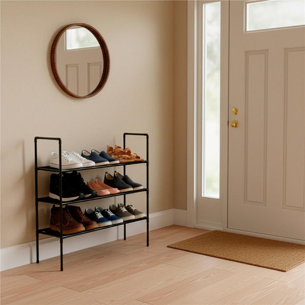 Raft pantofi cu 3 polite, structura metalica si rafturi textile, 72x28x70 cm, negru