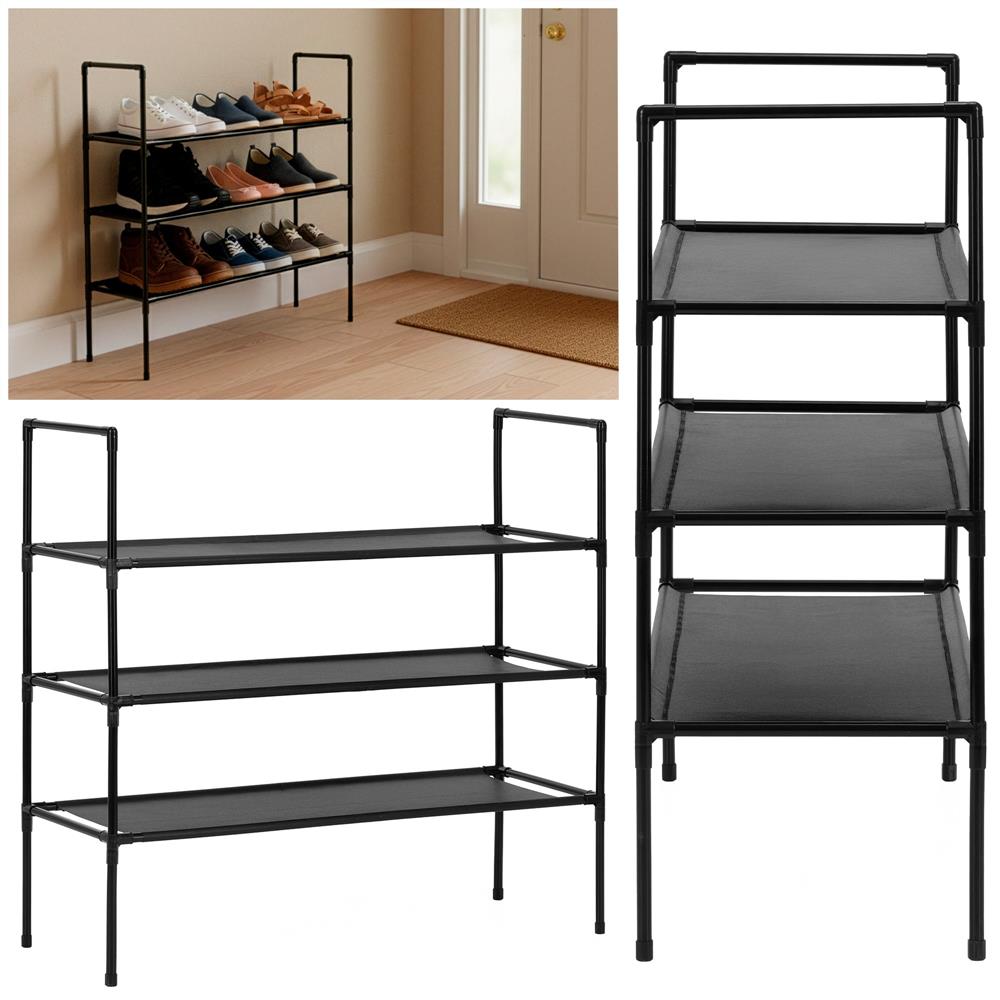 Raft pantofi cu 3 polite, structura metalica si rafturi textile, 72x28x70 cm, negru
