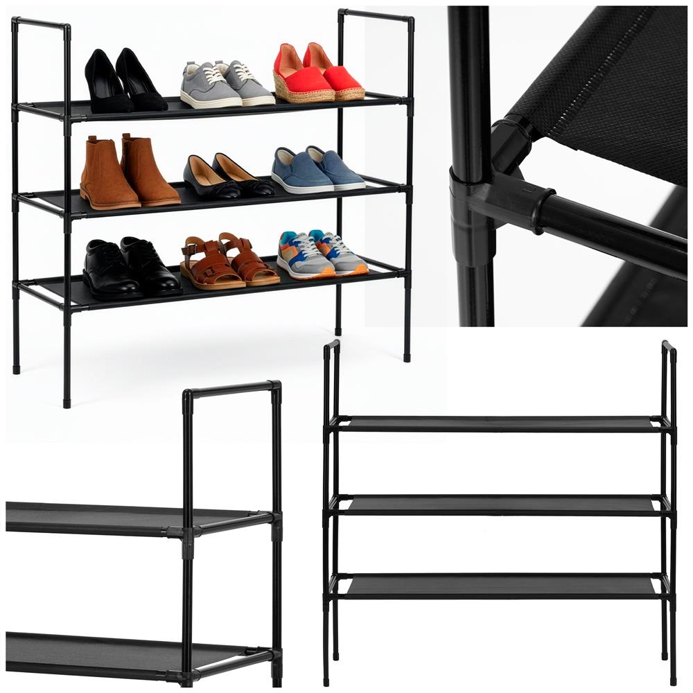 Raft pantofi cu 3 polite, structura metalica si rafturi textile, 72x28x70 cm, negru