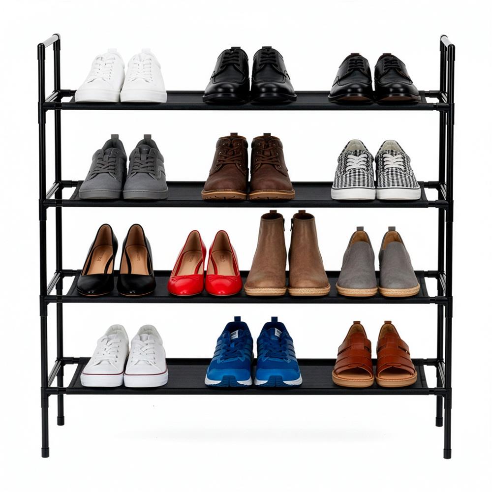 Raft pantofi cu 4 polite, structura metalica si rafturi textile, 72x28x75 cm, negru