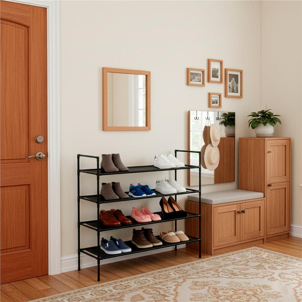 Raft pantofi cu 4 polite, structura metalica si rafturi textile, 72x28x75 cm, negru