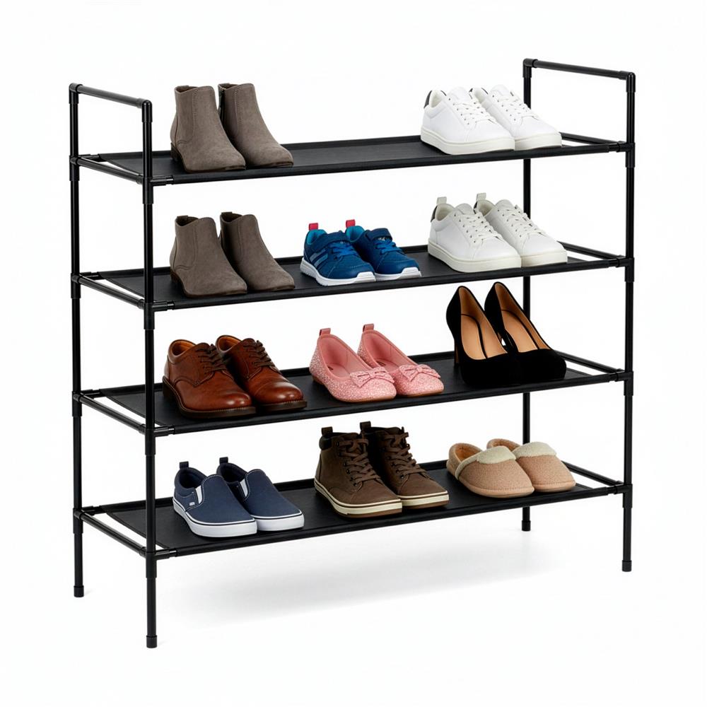 Raft pantofi cu 4 polite, structura metalica si rafturi textile, 72x28x75 cm, negru