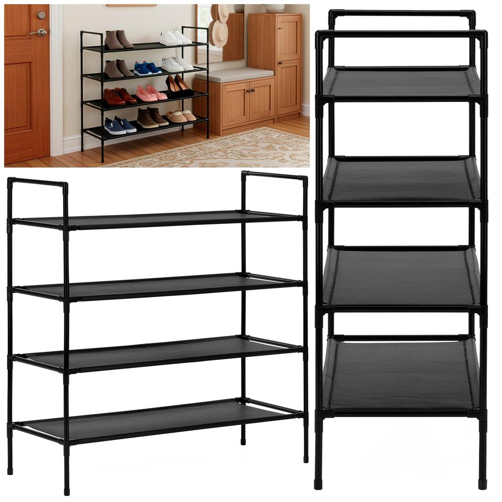 Raft pantofi cu 4 polite, structura metalica si rafturi textile, 72x28x75 cm, negru