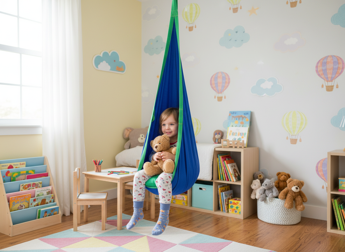 Leagan suspendat tip cocon pentru copii 70x150 cm, textil, pentru interior si exterior, albastru