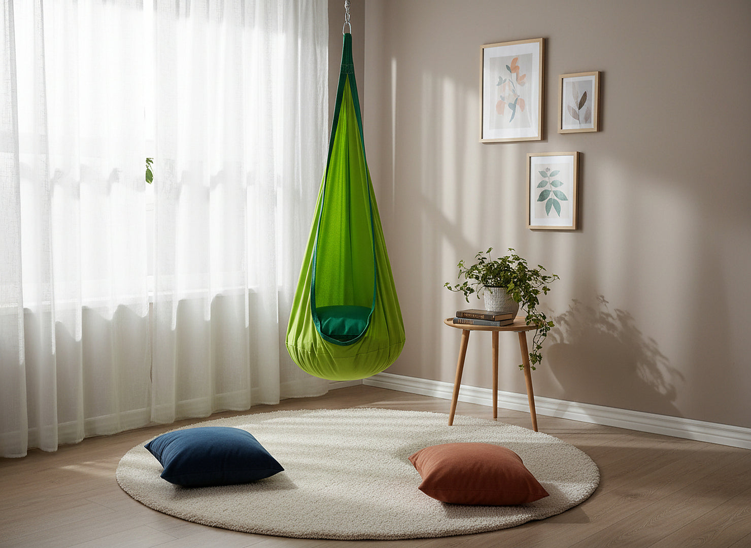 Leagan suspendat tip cocon pentru copii 70x150 cm, textil, pentru interior si exterior, verde