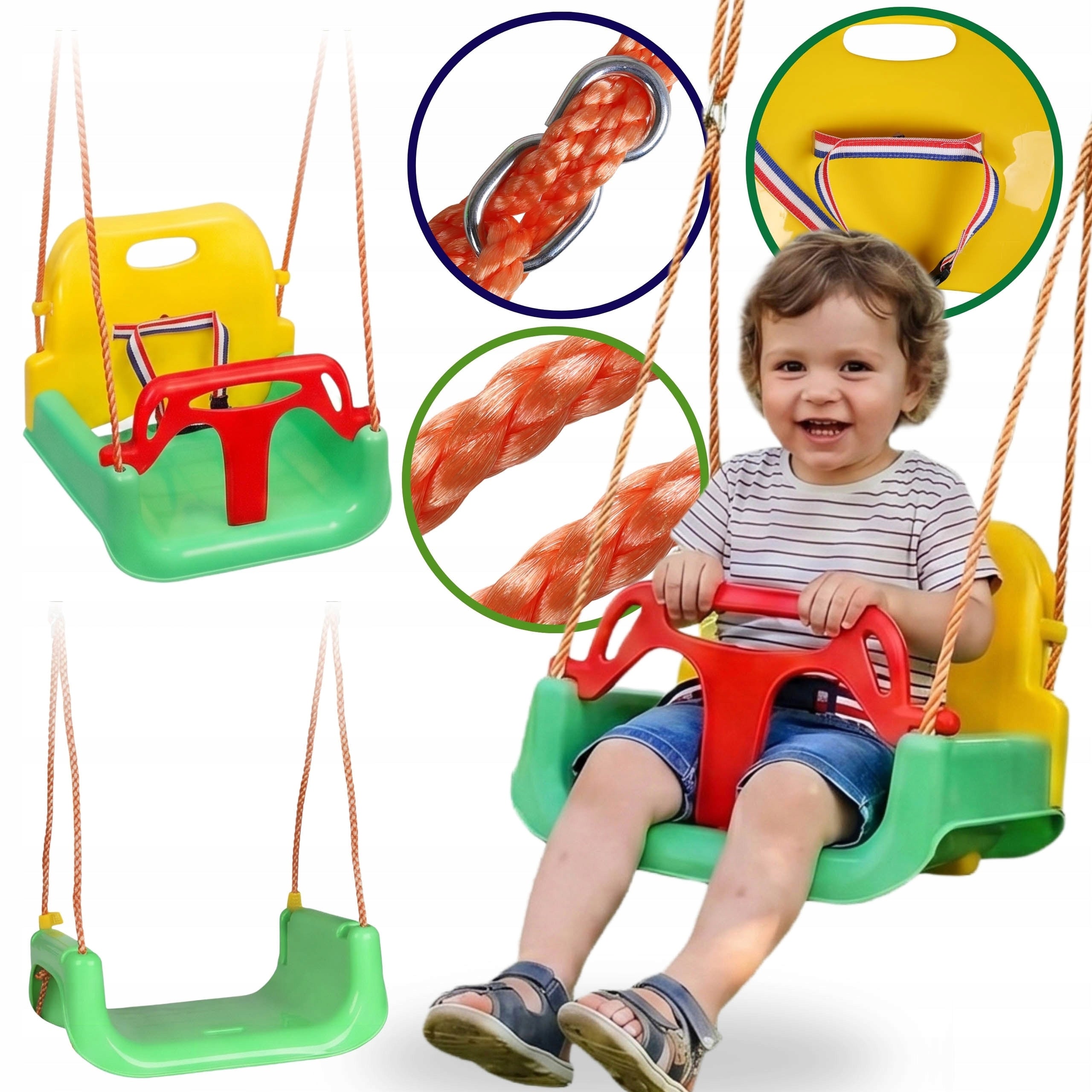 Leagan copii tip scaun, cu spatar, sistem blocare si centura siguranta, pana la 45 kg, 42x38x41 cm, multicolor