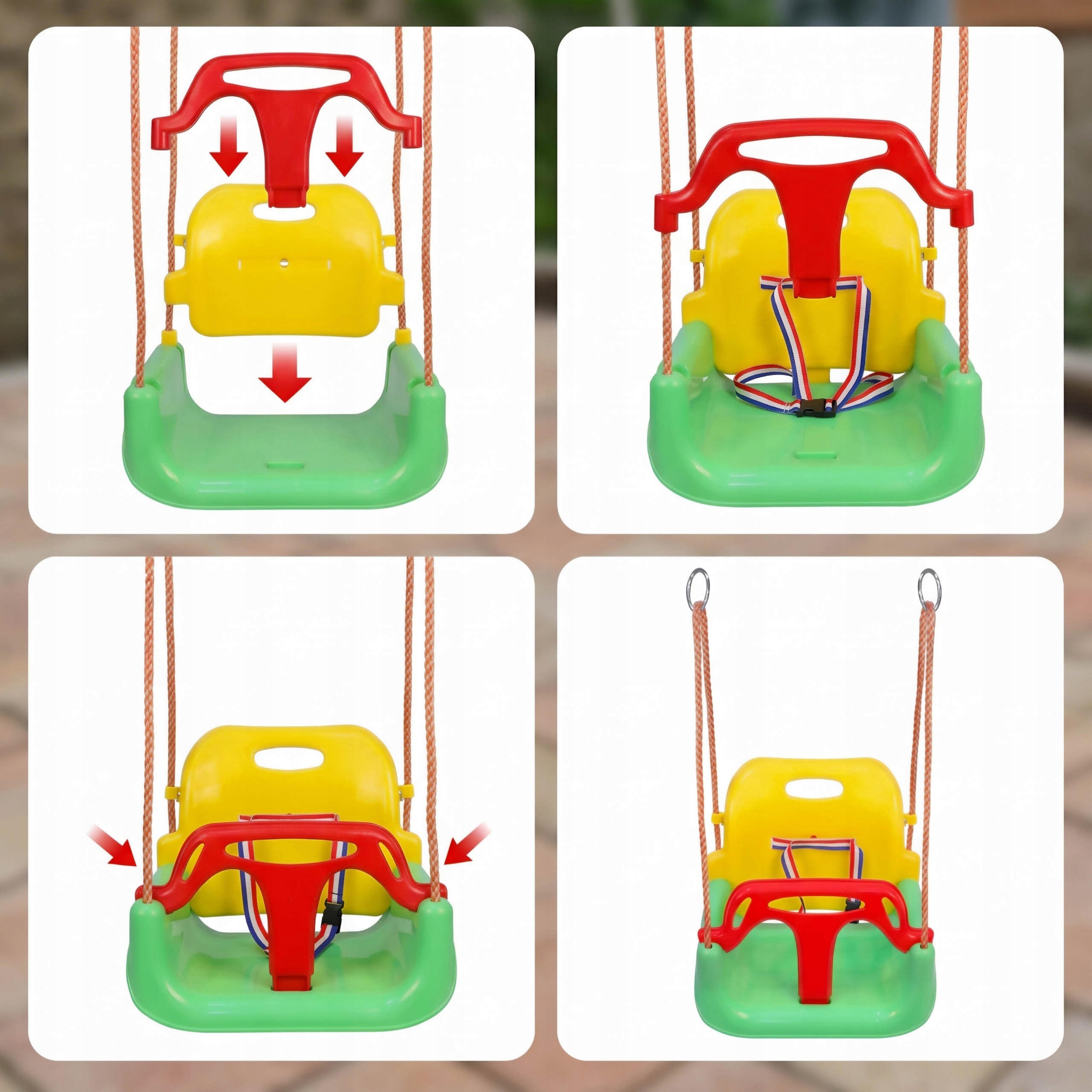 Leagan copii tip scaun, cu spatar, sistem blocare si centura siguranta, pana la 45 kg, 42x38x41 cm, multicolor