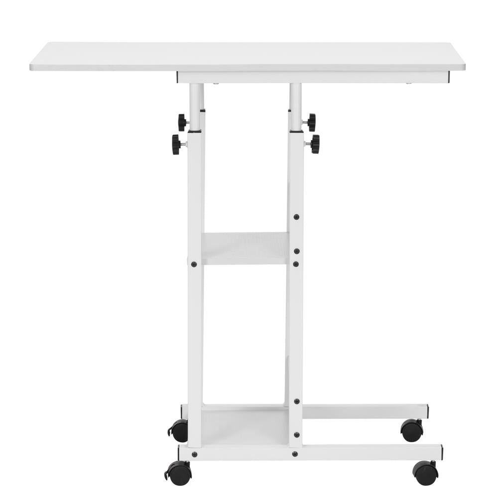 Birou reglabil pe inaltime cu rafturi si roti, blat din lemn si structura metalica, 80x40x76-86 cm, alb