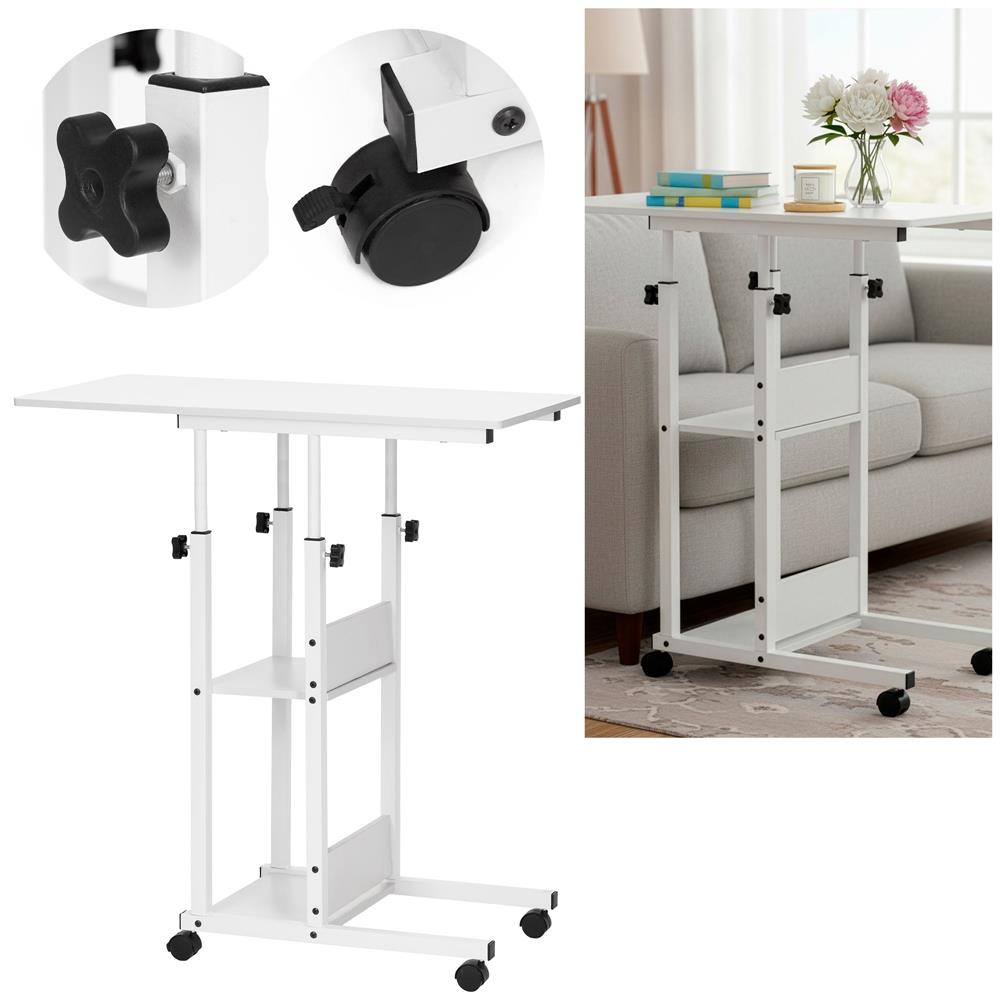 Birou reglabil pe inaltime cu rafturi si roti, blat din lemn si structura metalica, 80x40x76-86 cm, alb