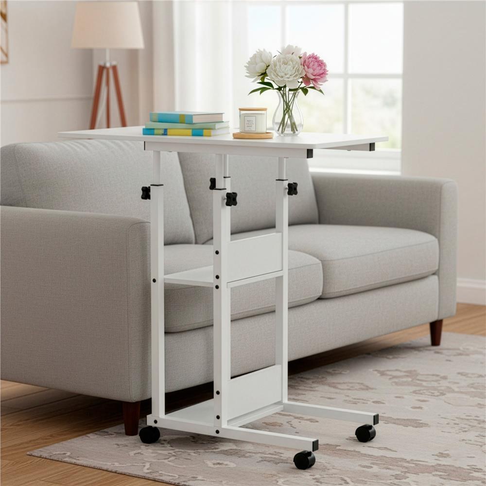 Birou reglabil pe inaltime cu rafturi si roti, blat din lemn si structura metalica, 80x40x76-86 cm, alb