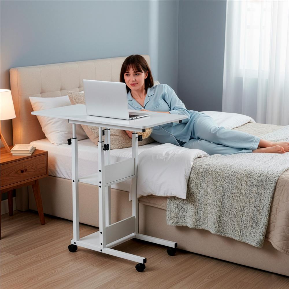 Birou reglabil pe inaltime cu rafturi si roti, blat din lemn si structura metalica, 80x40x76-86 cm, alb